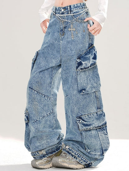 Blue Cargo Pockets Wide-leg Cut Jeans