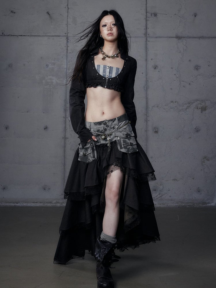 Dark Tiered Aesthetic Blackish-Green with Leather Punk Skirt