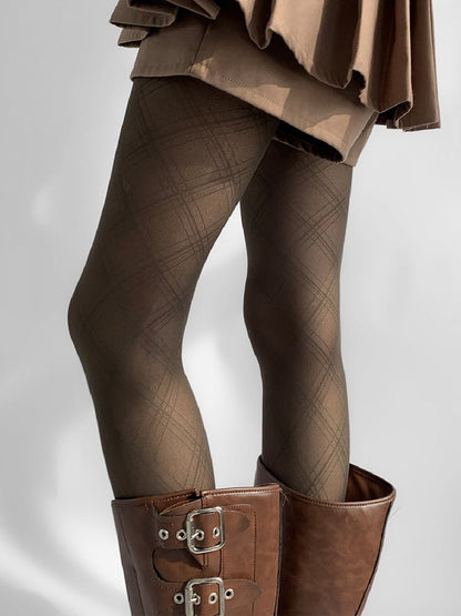 Gray Brown Diamond White Pattern / Tights