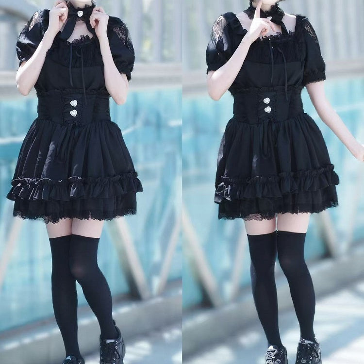 Shoulder Square Black Set: Color Corset Jirai Kei + Blouse Skirt Lace-Up Neck Style Cutout All