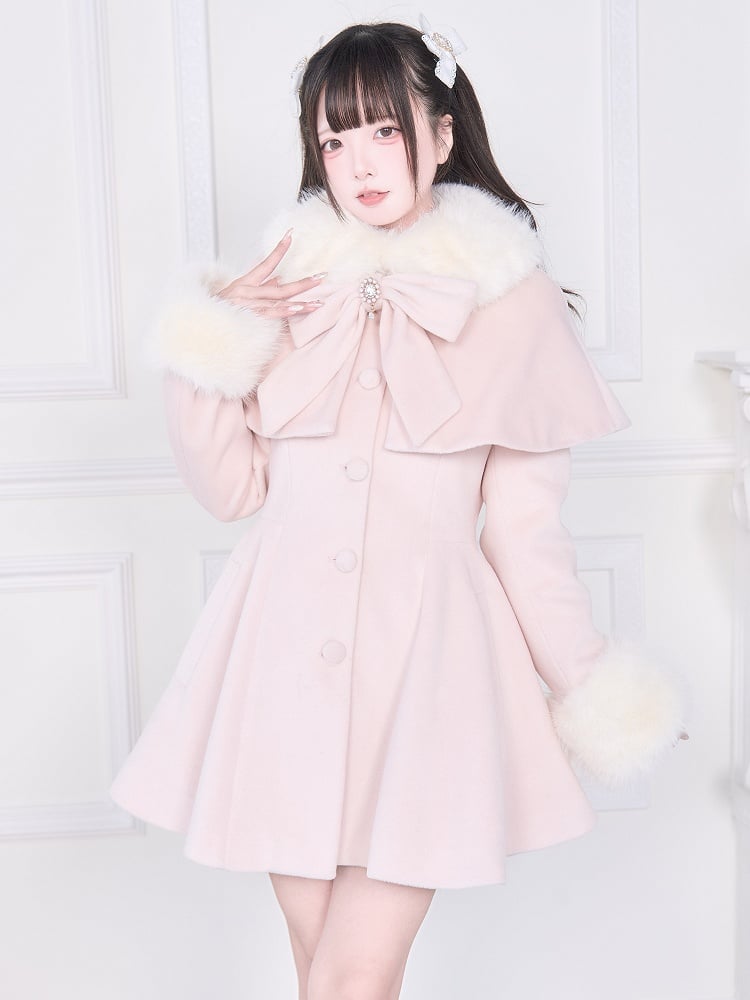Cape Pink Jirai Kei with Plush Detachable Collar Coat Cuffs | Waist-Cinching