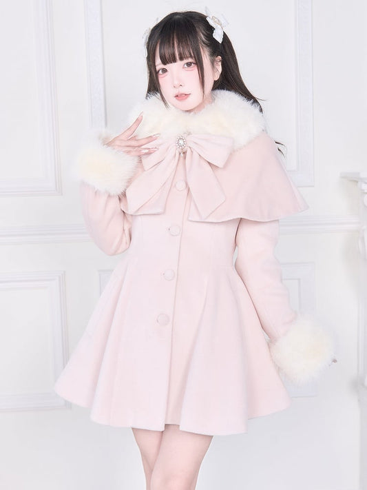 Cape Pink Jirai Kei with Plush Detachable Collar Coat Cuffs | Waist-Cinching