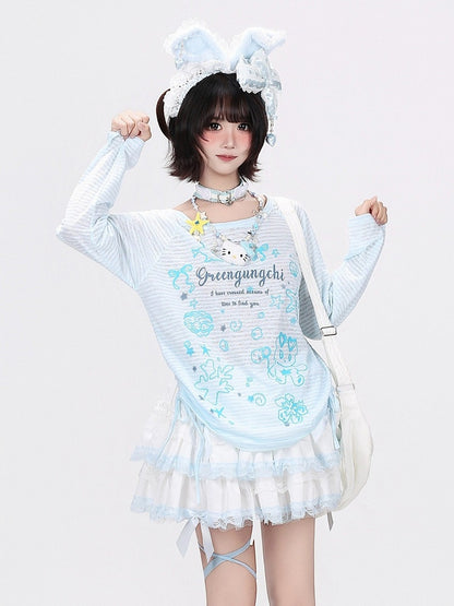 Breathable Sky Blue Cartoon Print Long-Sleeve Tee - CRAZY GIRL