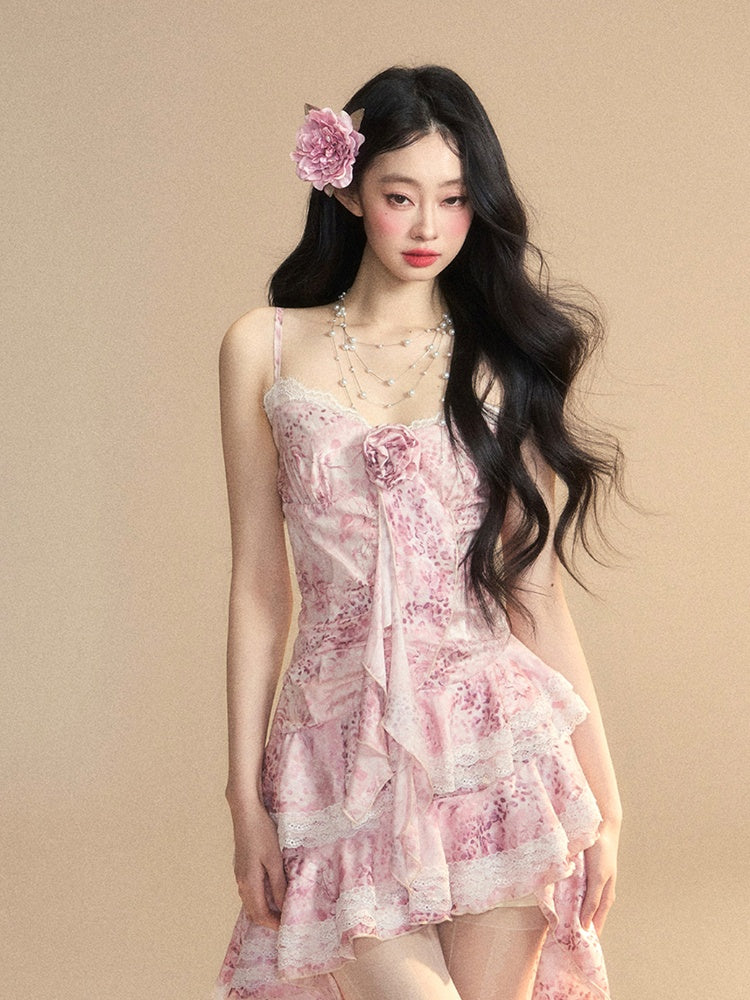 Ruffle Dress Slip Trim Cascading Gown Skirt Pink Tiered High-low