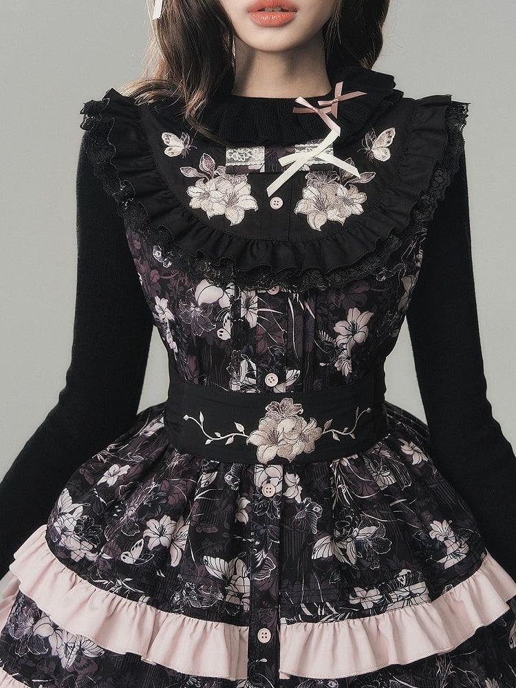 Floral Embroidered Waist Belt in Black and Pink - Yimu Walnut