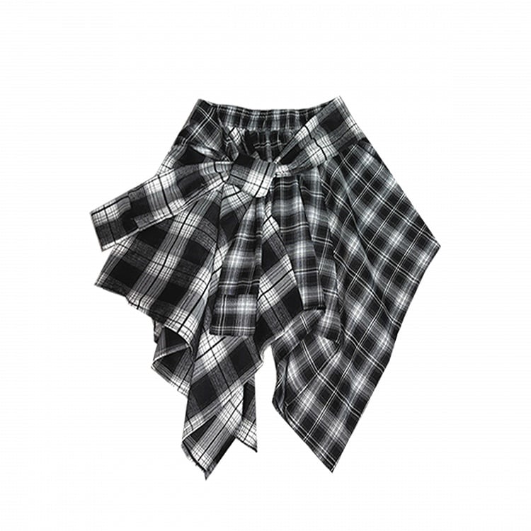 Plaid A-Line Handkerchief Skirt Black White with Hem