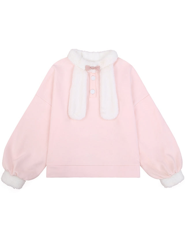 ピンクのかわいいウサギの耳のぬいぐるみ襟スウェットシャツ