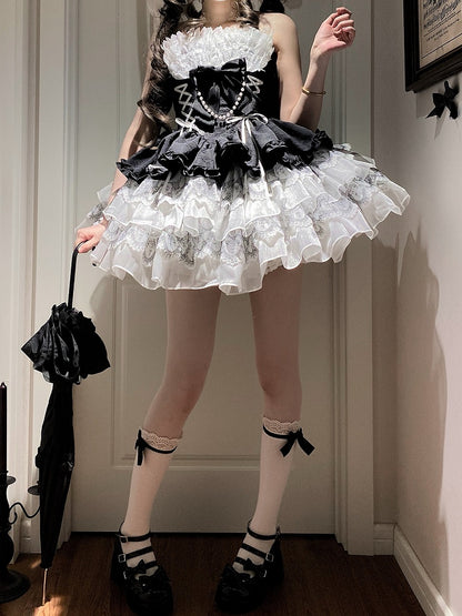 Balletcore Schwarzes Neckholder-Kleid mit weißem Prinzessinnen- und Lolita-Ausschnitt