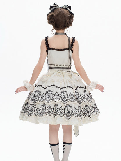 White Layered with Scalloped Black Set Rabbit Trim Skirt Top Pattern Camisole + Lolita Edge Elegant
