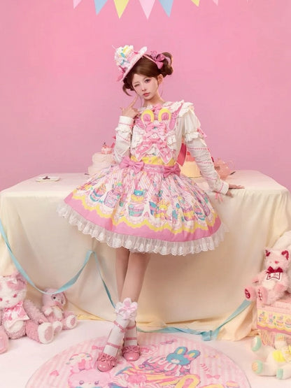 Bunny Cupcake Sweet Lolita Yellow Pink and Dress Overall Print