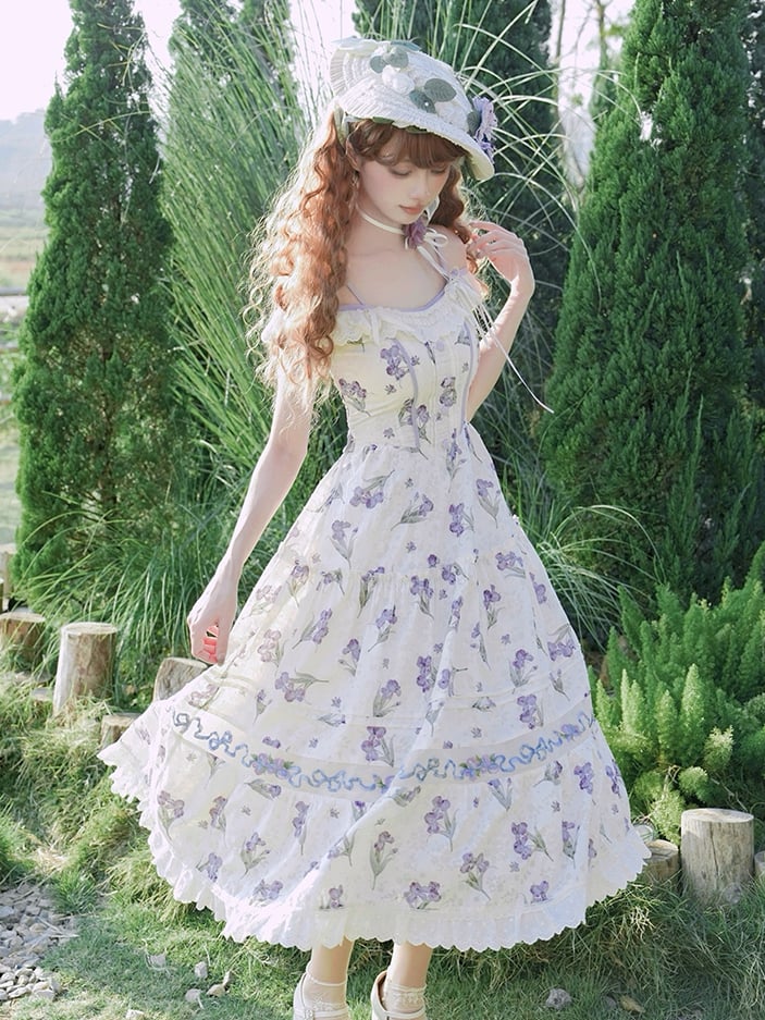 ネックラインジャンパースカート ベージュ オフショルダー パープルアイリス刺繍