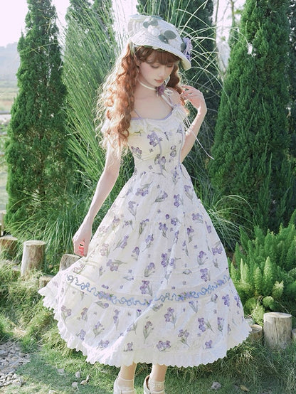 ネックラインジャンパースカート ベージュ オフショルダー パープルアイリス刺繍