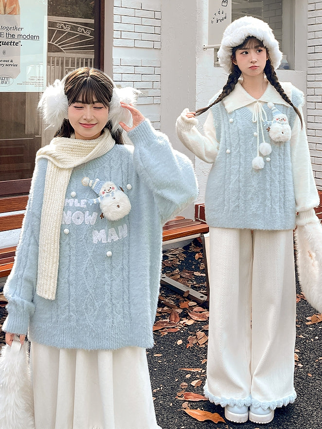 Cute Snowman Adorned Blue Mohair Soft Sweater