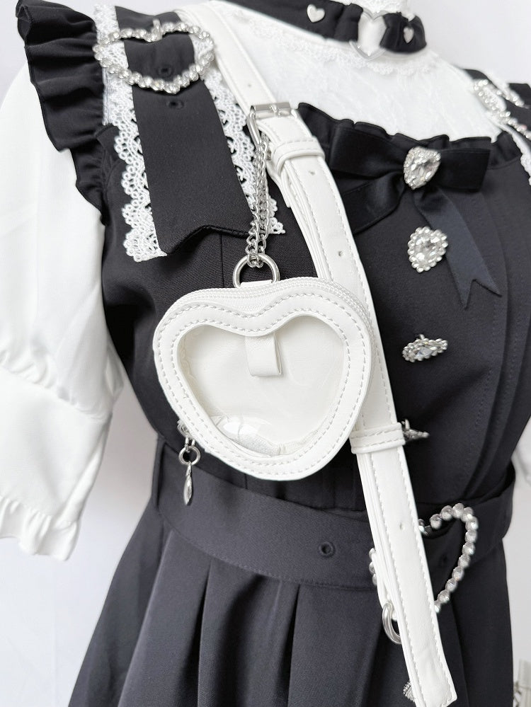 Hand/Crossbody Kei Rhinestone Detachable White Accent Bag Crown-Embellished Strap Bow in Jirai