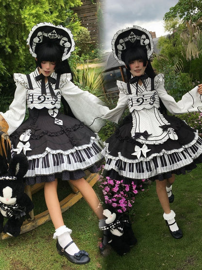 Piano JSK Set with Shirt, Bonnet, Apron, and Bow Train - Alice in Wonderland Lolita