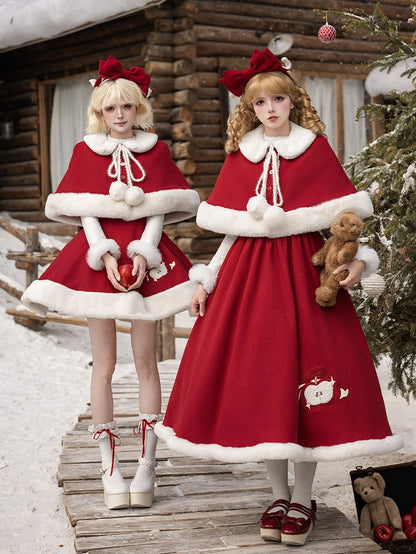 Red Fur Apple with Collar Lolita Cape Buttons Faux Christmas White