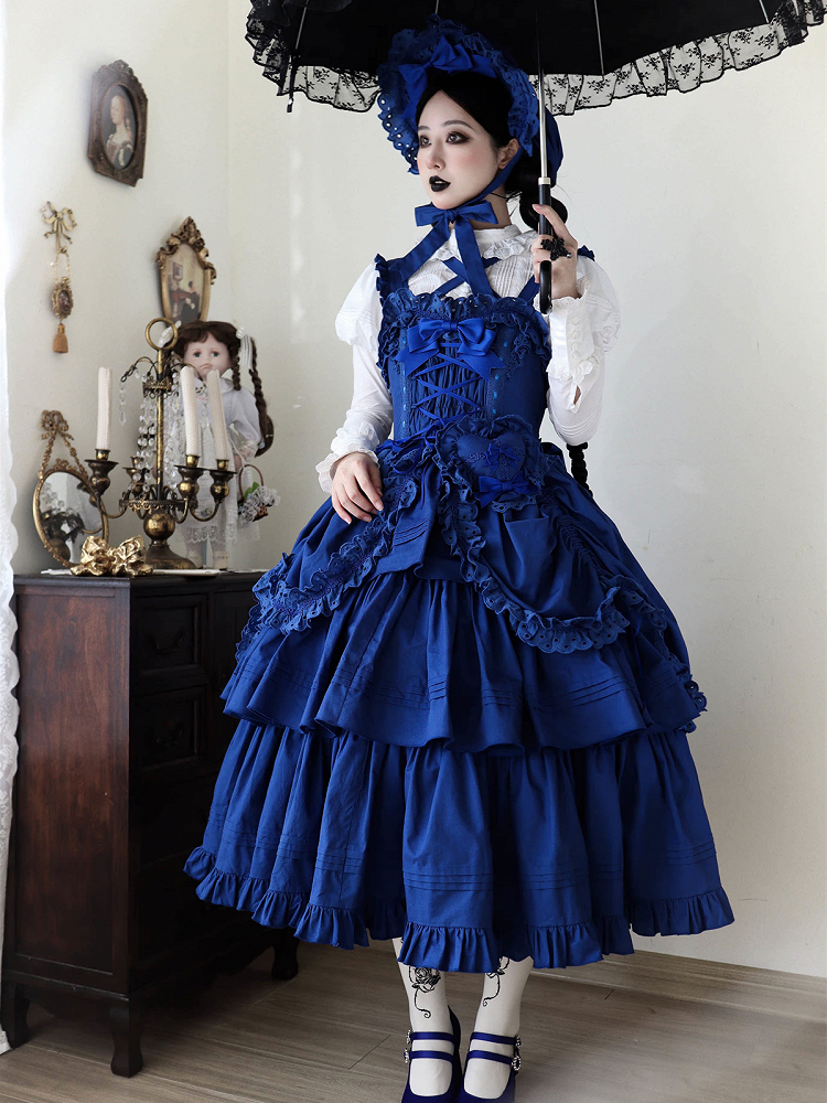 Lolita Decoration with Bowknots Klein Version Blue Ruffled and Gothic Dress Long Heart-shaped JSK