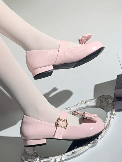 PU Bow 2cm Heeled with Detachble Jane Clips Mary Cat-shaped Buckle Round-toe Pink