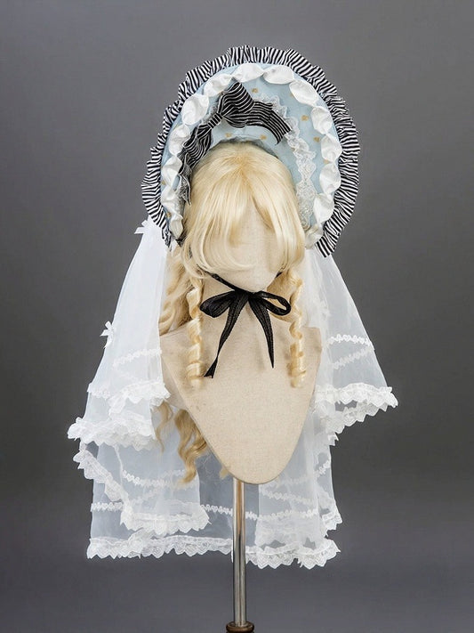 Blue & White Alice Vibes Lolita Bonnet with Striped Ruffle and Veil - Hinana Queena