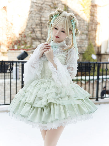 Light Green Boned Corset Waist Layered Dress Balletcore Lolita Jumper Skirt