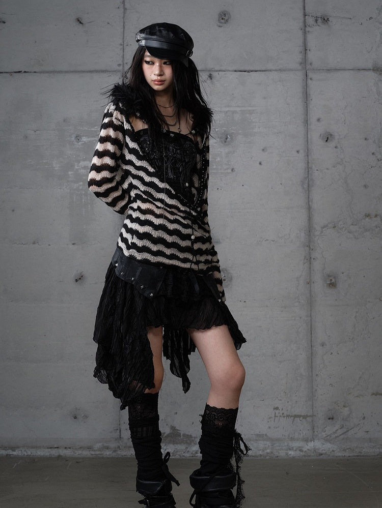 mit Saum PU Asymmetrischer Flair Rock Schwarz Nieten Punk Edgy Spitze Patchwork