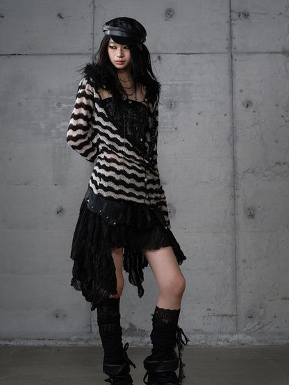 mit Saum PU Asymmetrischer Flair Rock Schwarz Nieten Punk Edgy Spitze Patchwork