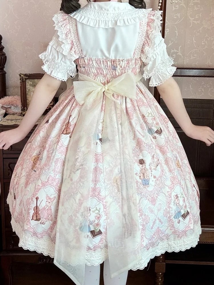 Violin Print and Sweet Waist Lolita Yellow Bunny Light Dress JSK High