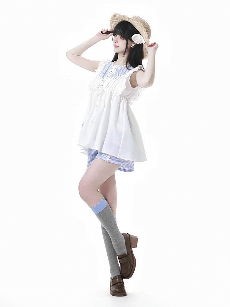 Flutter Sleeves Top and Plaid Seashell and Starfish Embroidery White Blue Front Lace-up