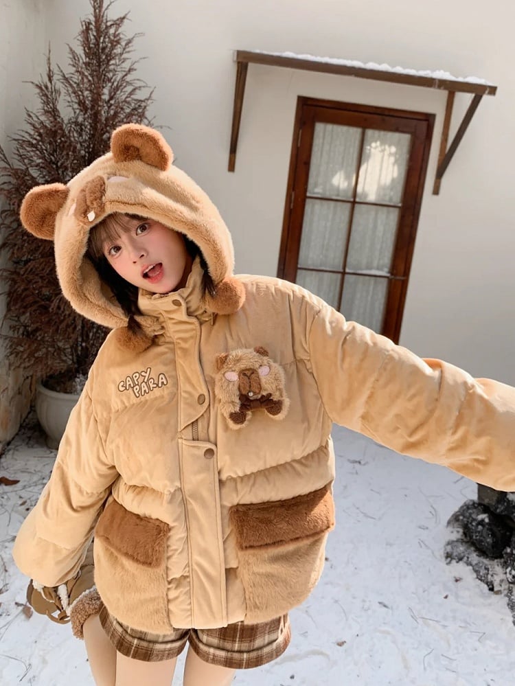 Khaki Cute Capybara Adorned Hooded Down Jacket Detachable Hood