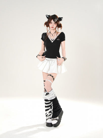 Slim-fitting Black/Red Design Lace Faux T-shirt Two-pieces Camisole