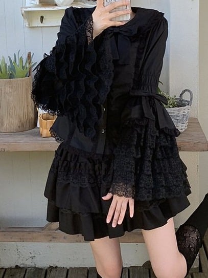 Gothic Lolita Black Bow Blouse with Flared Sleeves and Lace - Lan Jian Chuan