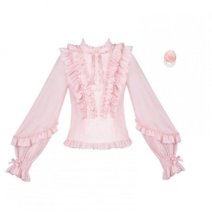 Pink Balloon Sleeve Blouse with Ruffle Accents and Rose Brooch - With PUJI