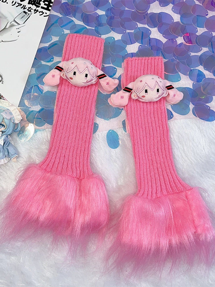 ピンクのシャギートリムニットレッグウォーマー