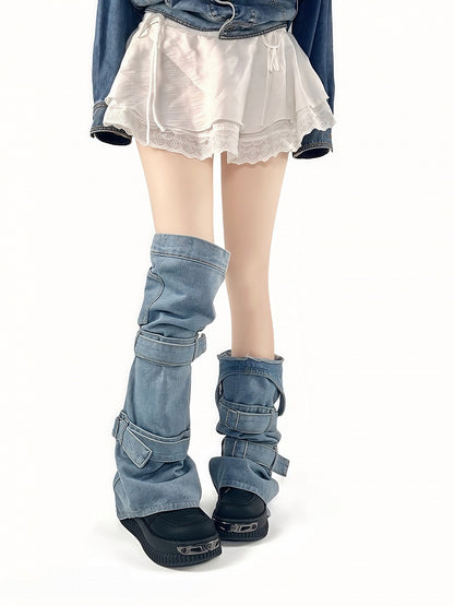 Warmers Style Y2K Asymmetric with Denim Straps Leg Design Blue Buckle