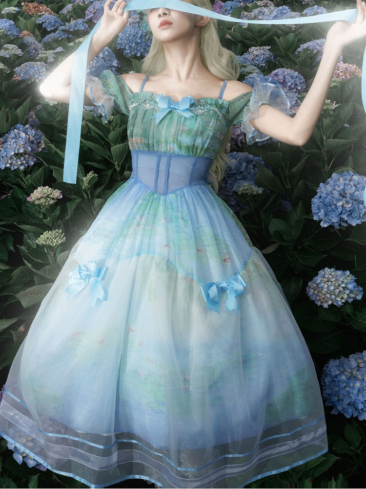 Water Lily Print Basque Waist Sky Dress with Organza Overlay Oil Painting Blue