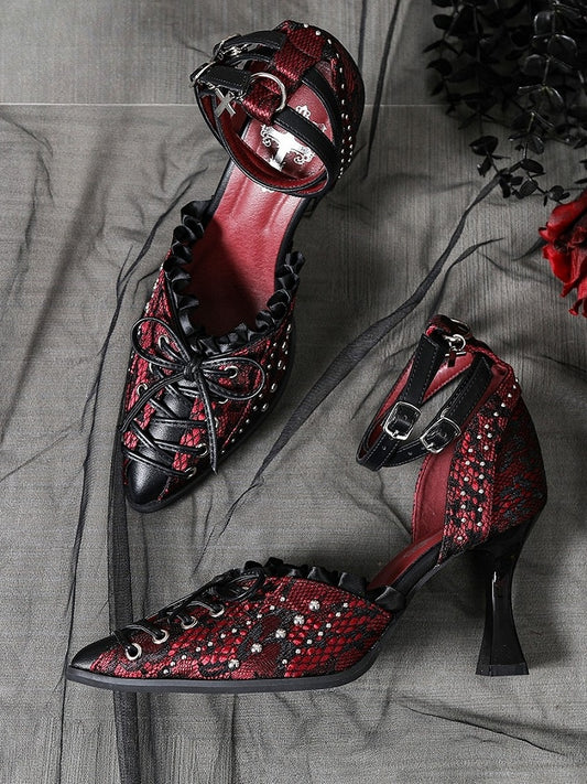 Studded Details Pointed - Cross Lacing Toe High Heels Accents with Gothic Red