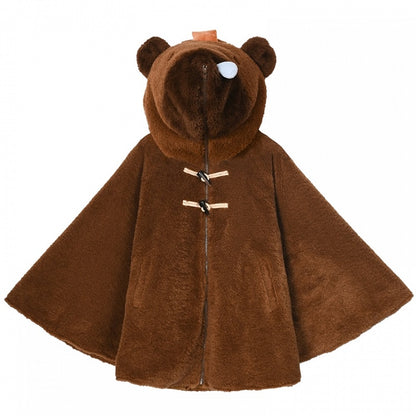 茶色のかわいいカピバラのフード付きジップ開閉フリースフード付きケープ