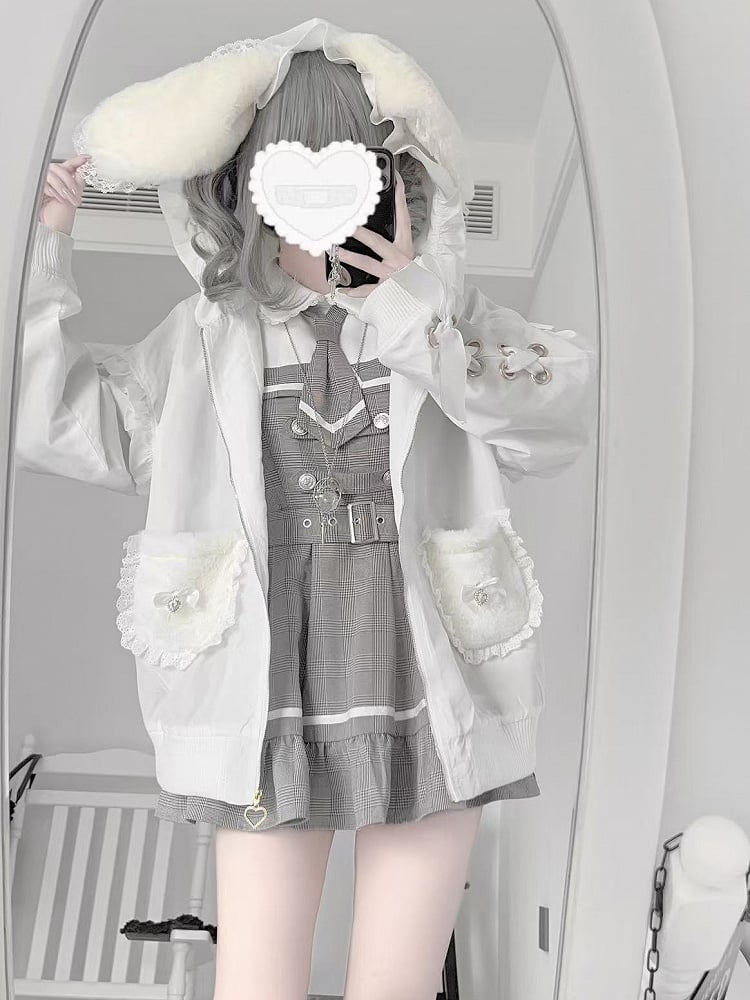 White Jirai Kei Plush Bunny Ear Jacket with Sleeve Lace-Up Detail & Decorative Crossed Pins Back