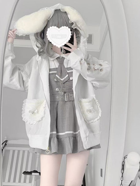White Jirai Kei Plush Bunny Ear Jacket with Sleeve Lace-Up Detail & Decorative Crossed Pins Back