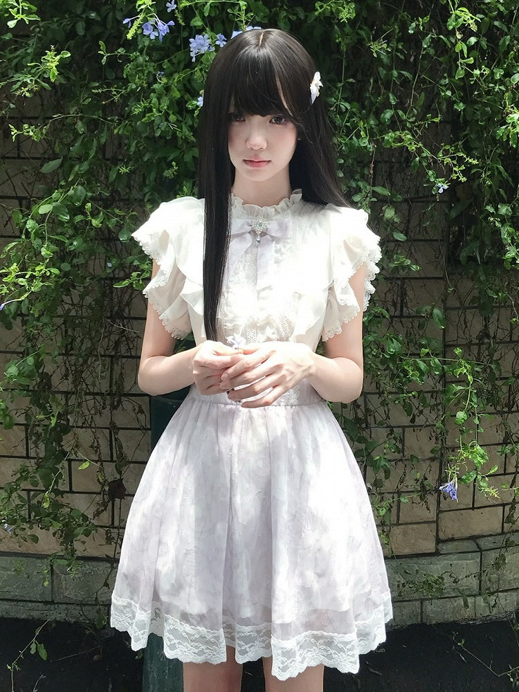 Purple-White Ruffled Flutter Sleeve Dress with Removable Rhinestone Bow - LA LA JK