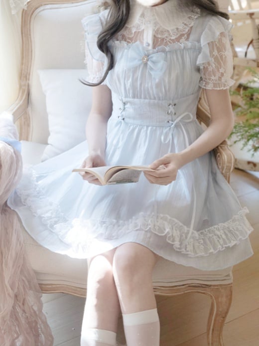 Kragen Schnürung Taille Pan Jirai Kei Kleid Hellblau Illusion Ausschnitt Peter