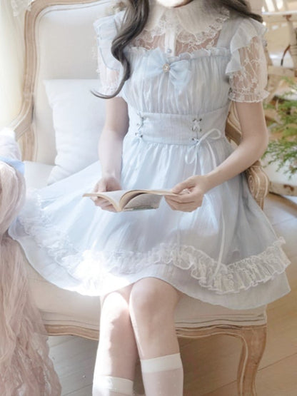 Kragen Schnürung Taille Pan Jirai Kei Kleid Hellblau Illusion Ausschnitt Peter