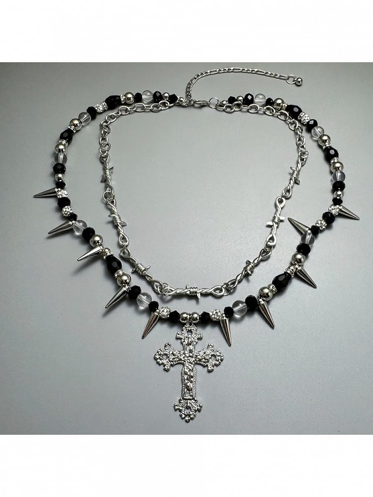 Punk Black & White Beaded Layered Necklace with Spikes and Cross - YSHXS