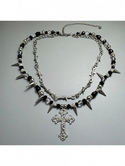 Punk Black & White Beaded Layered Necklace with Spikes and Cross - YSHXS