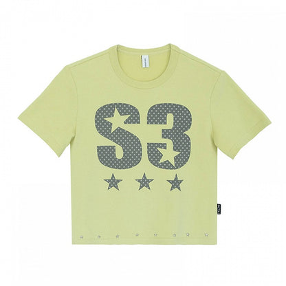 Lemon Yellow Round Neck Tee with Letter Print and Stars - innomoood