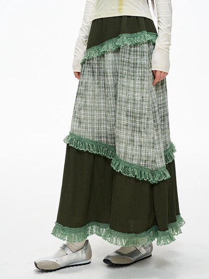 Serenity Patchwork Skirt Trim Lace Green Plaid with Sweety