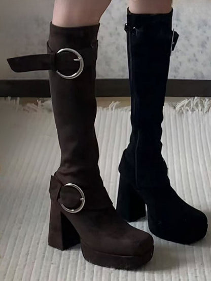 Details Brown Square Boots Toe Heel Knee-High with High Inner Zip Block Closure Buckle Platform