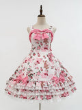 Sweet Teddy White Bear Pink Trim Print Accents Lolita Dress Bow Floral with Lace and