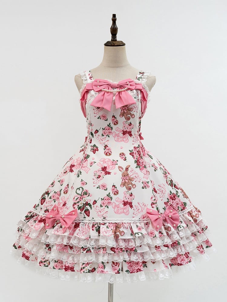 Sweet Teddy White Bear Pink Trim Print Accents Lolita Dress Bow Floral with Lace and