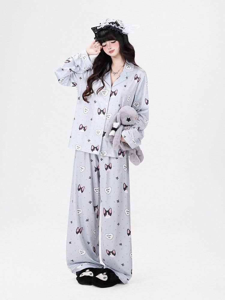 Grey Cute Otaku Kitten Print Long Lounge Wear Two-Piece Set - Long-Sleeve Top + Pants - CRAZY GIRL